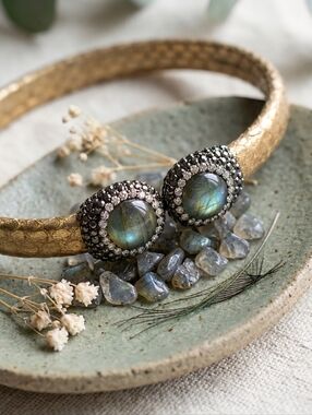 Golden Python Leather Labradorite Open Cuff Bracelet Artisan Statement Jewelry